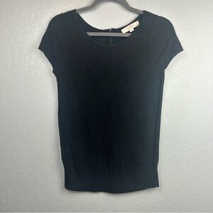 Ann Taylor LOFT black lace front short sleeve lightweight sweater size small